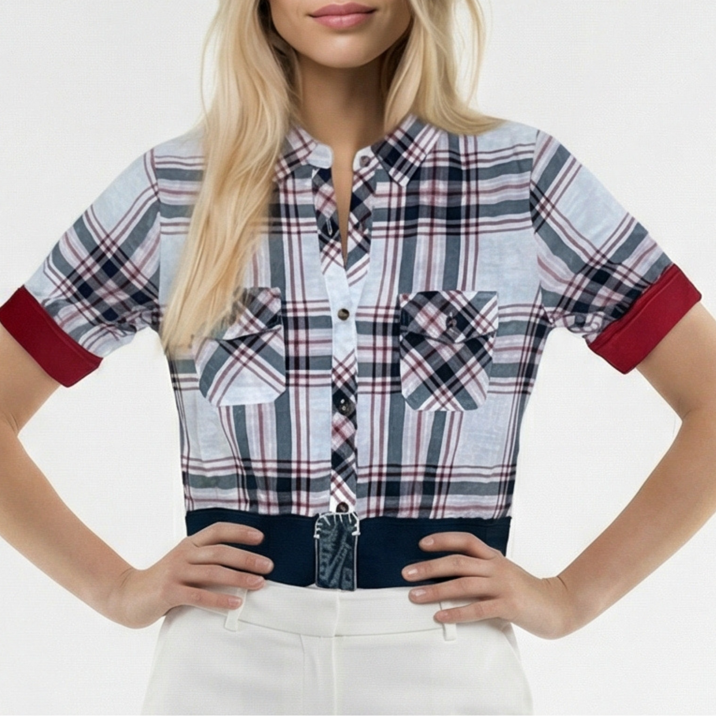 Woman wearing a plaid shirt with red sleeves on a white background