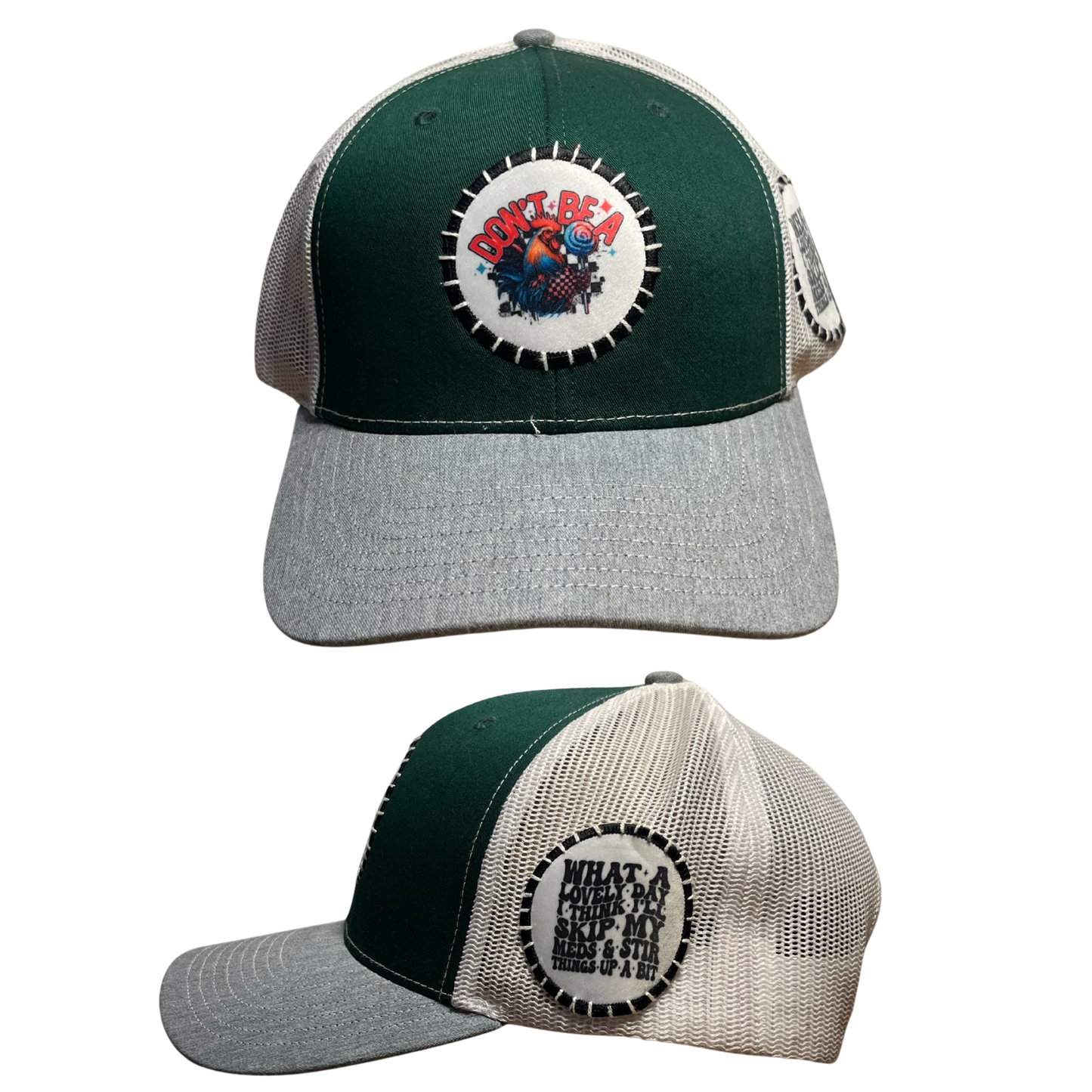 Two trucker hats with embroidered logos on a white background