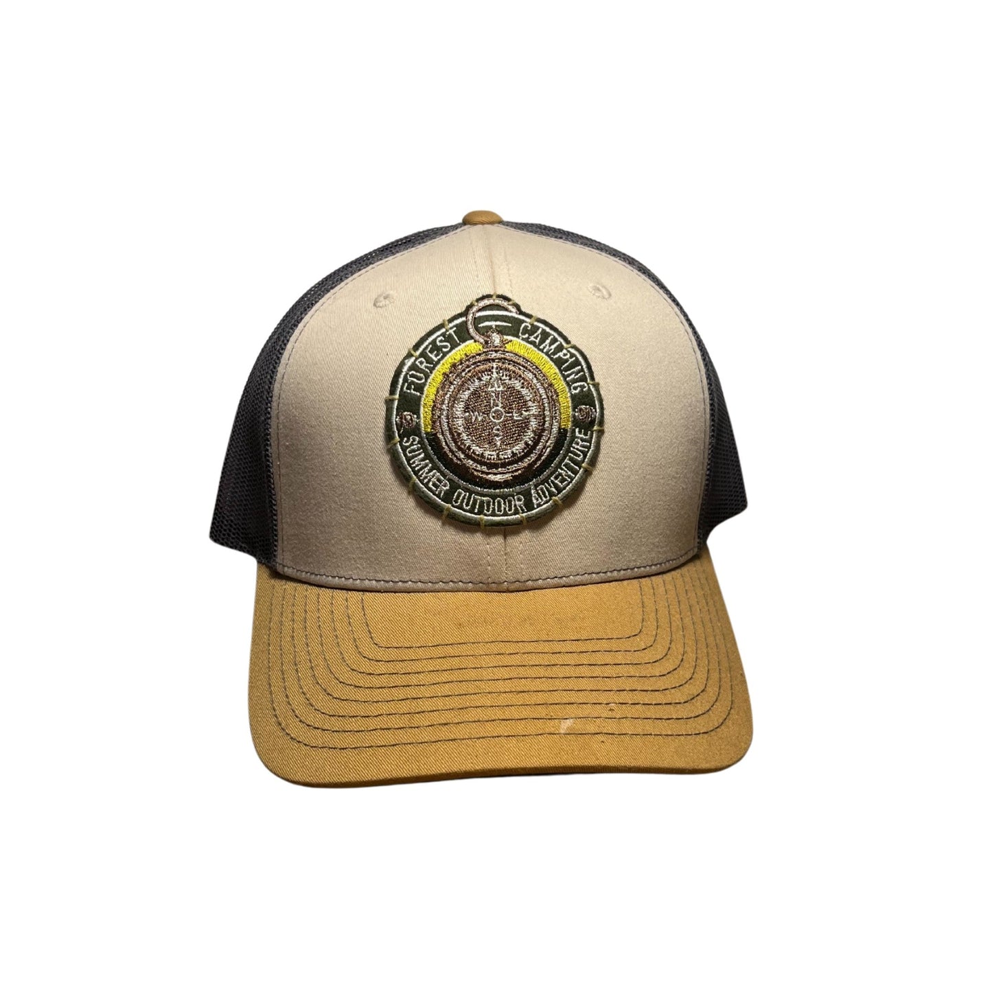 Beige and black cap with a logo on a white background