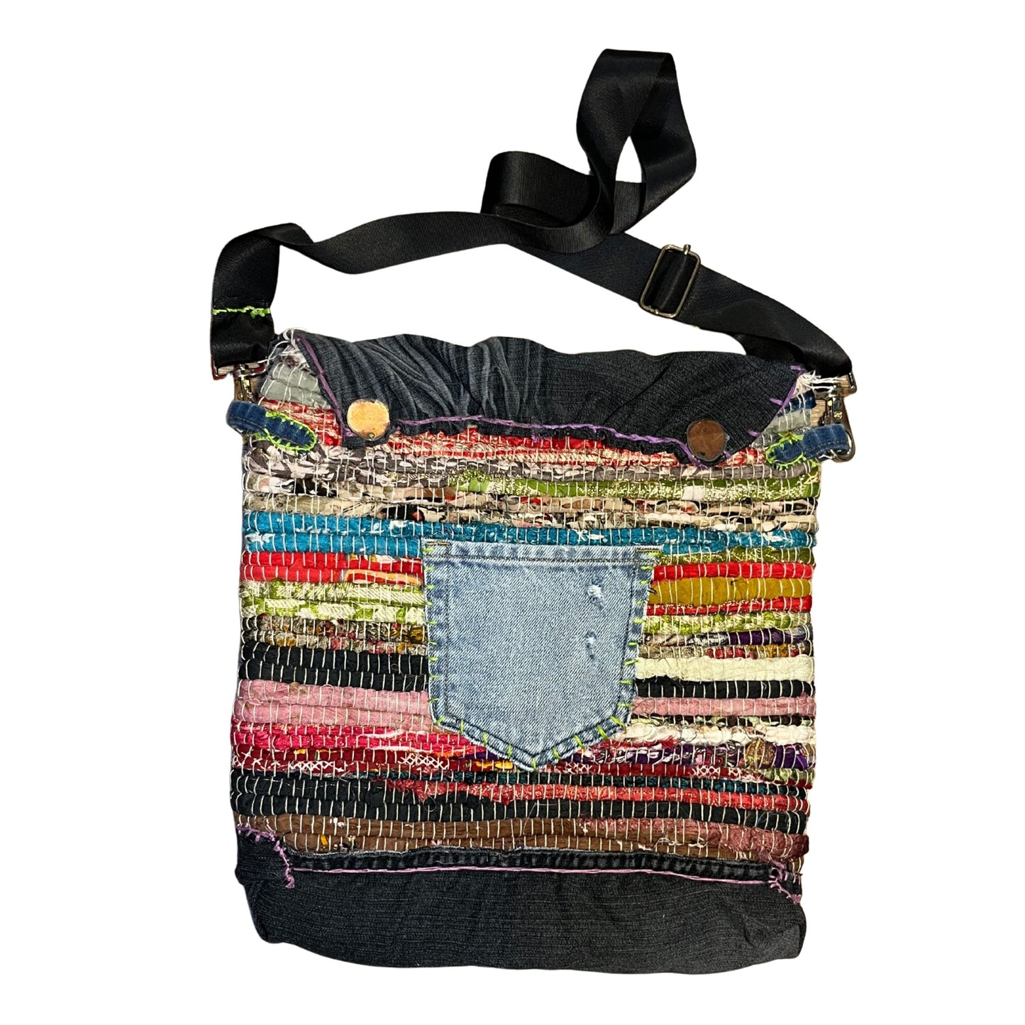 Black Denim Black Strap Large Bag