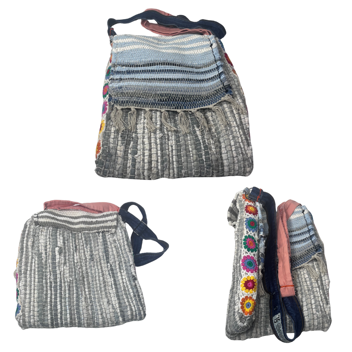Blue and White Hippie Ribbon Flap Bag Large