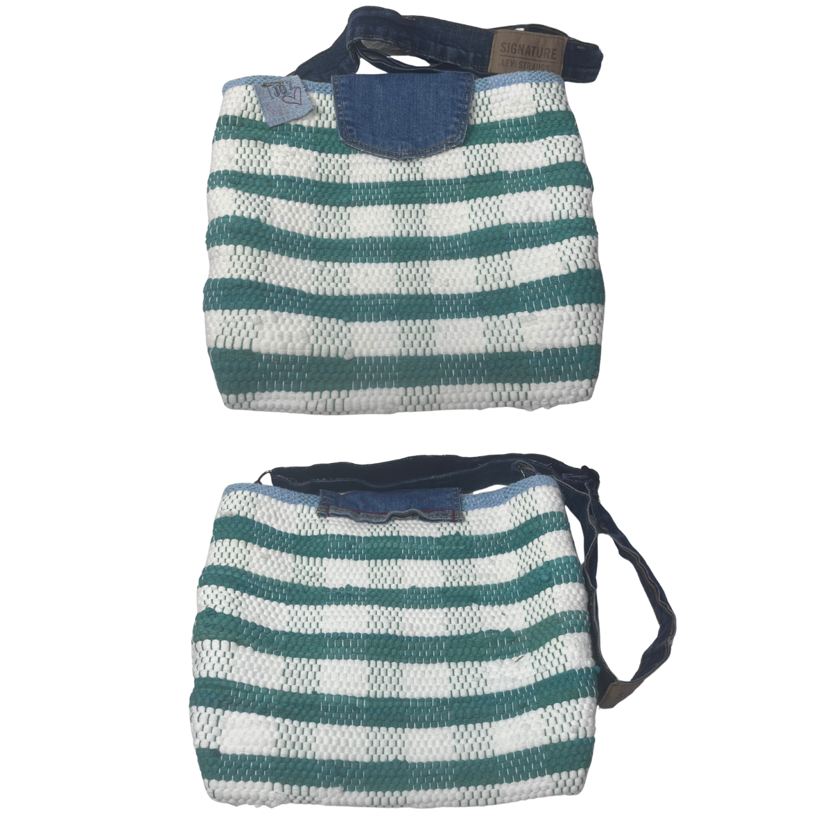Green and White Striped Rag Rug Bag