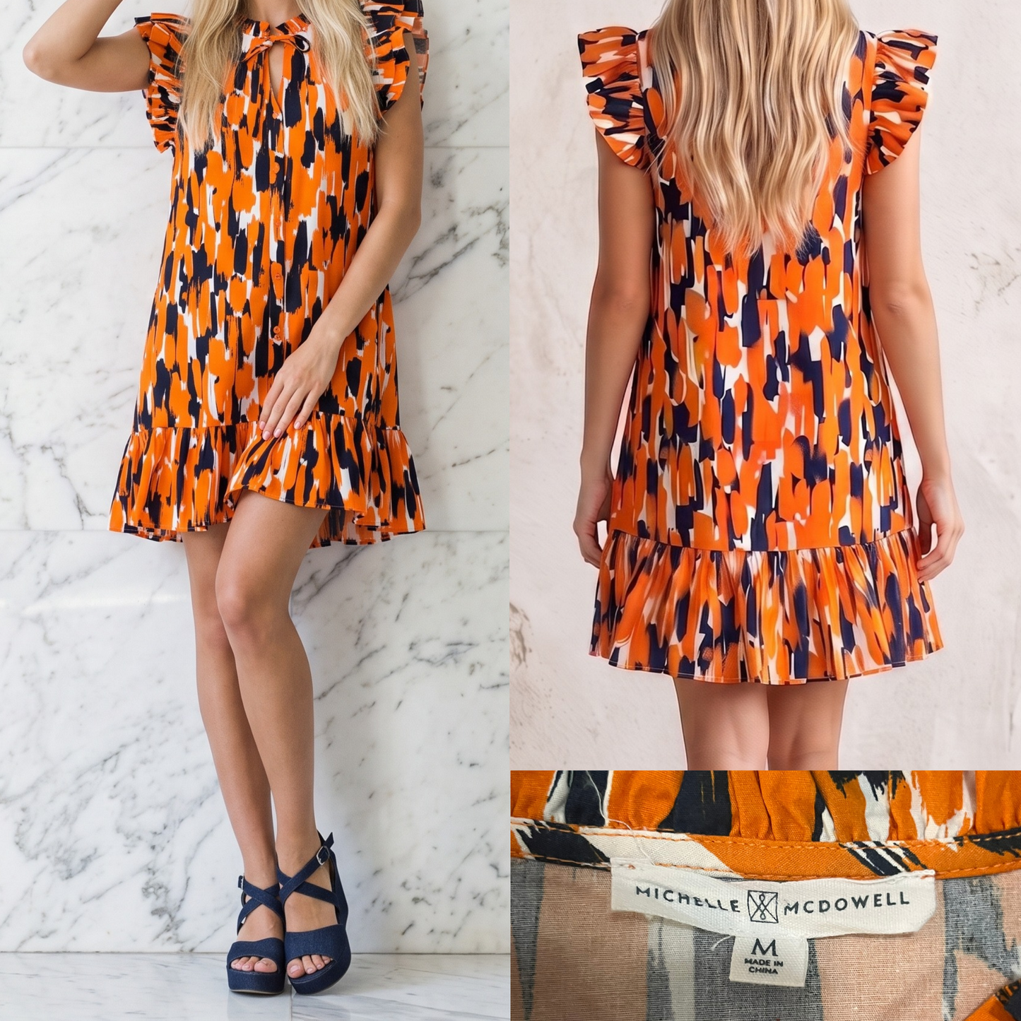 Orange, Blue and White Ruffle Sleeve Dress
