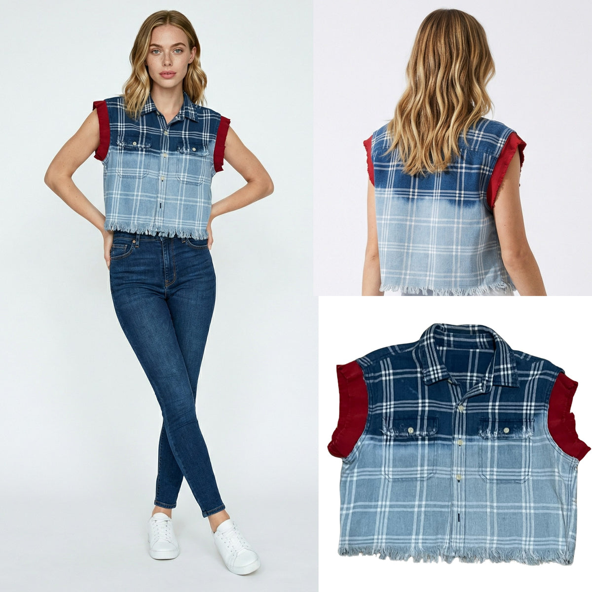 Cropped Blue Plaid Shirt