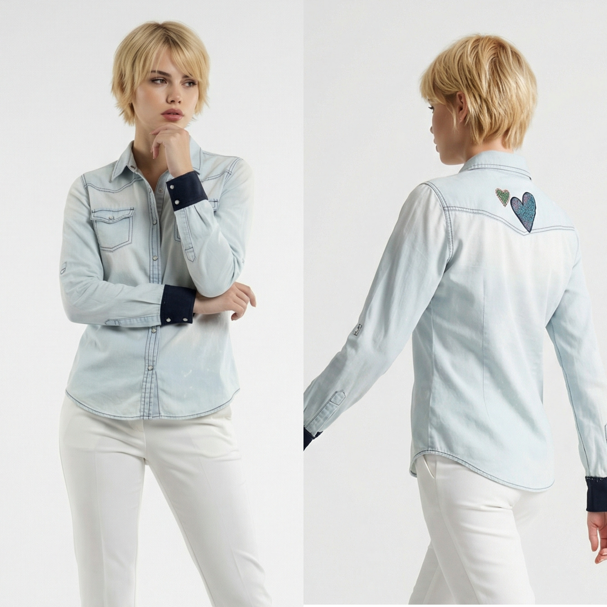 Woman wearing a light blue denim shirt with heart designs on a white background