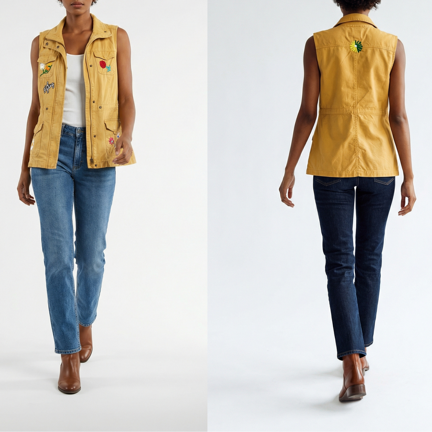 Woman wearing a yellow vest, white shirt, blue jeans, and brown boots on a white background