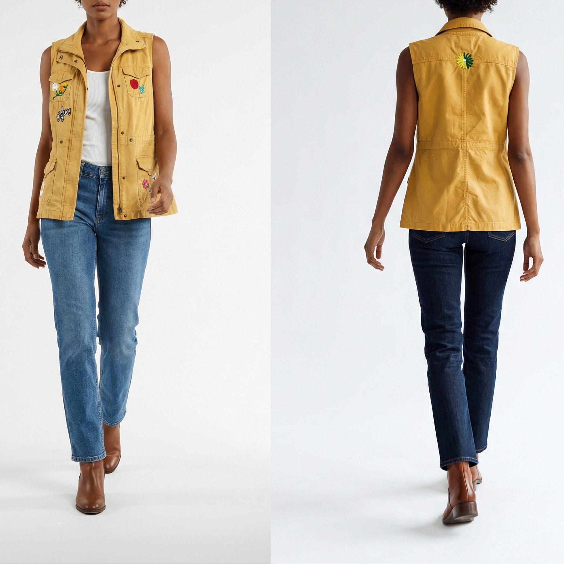 Woman wearing a yellow vest, white shirt, blue jeans, and brown boots on a white background