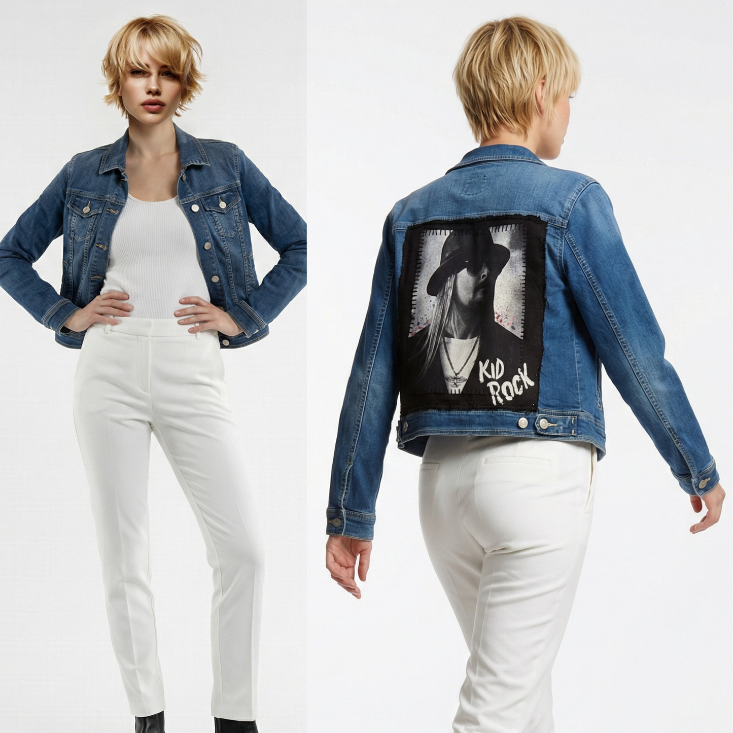 Woman wearing a blue denim jacket with a graphic design on the back, standing against a white background.