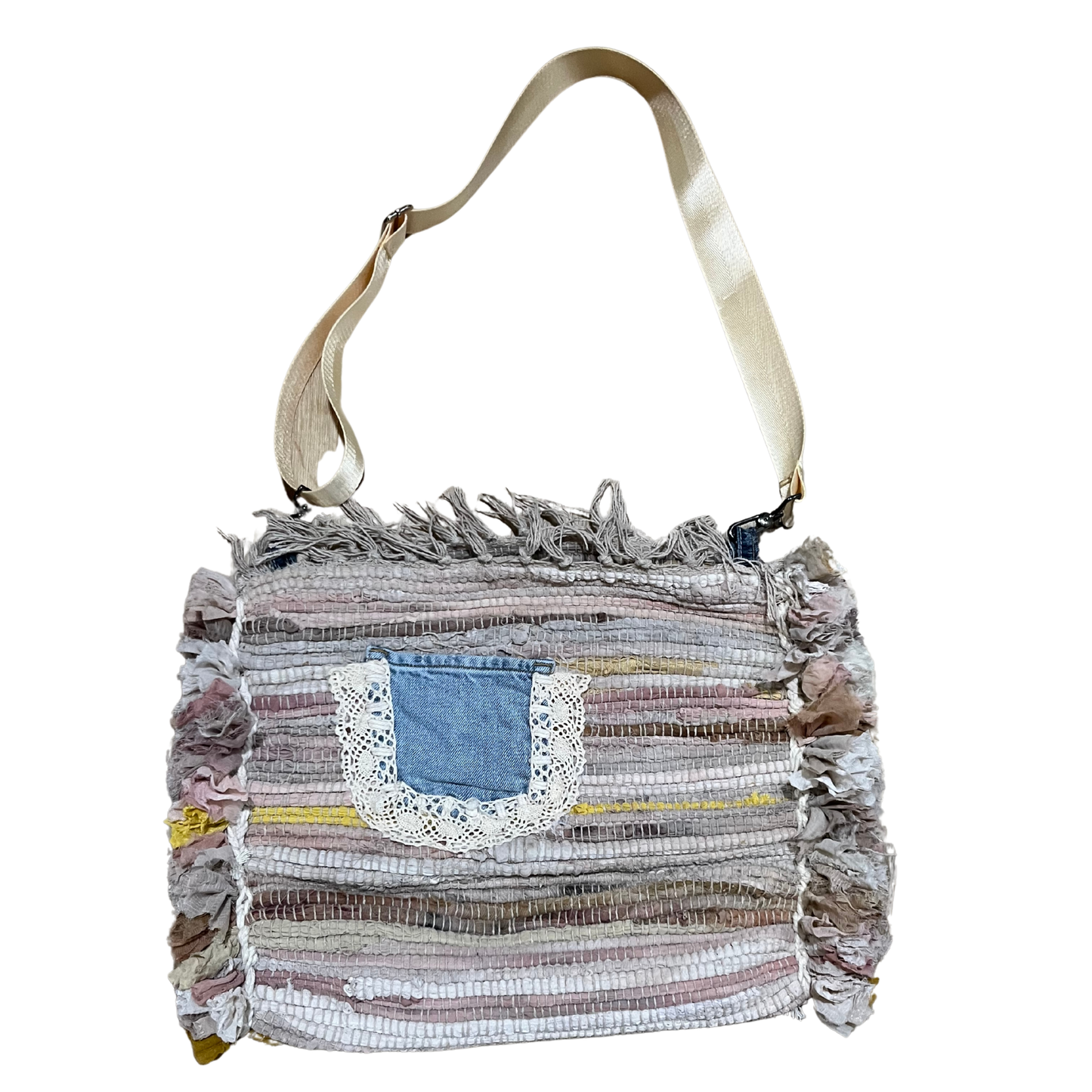 Large Neutral-Color Rag Rug Bag with Jean Pocket