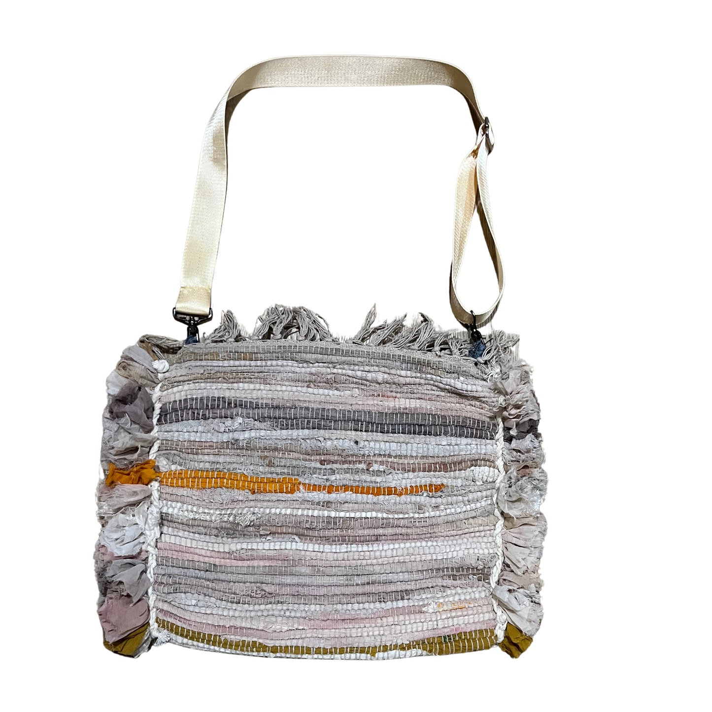 Large Neutral-Color Rag Rug Bag with Jean Pocket