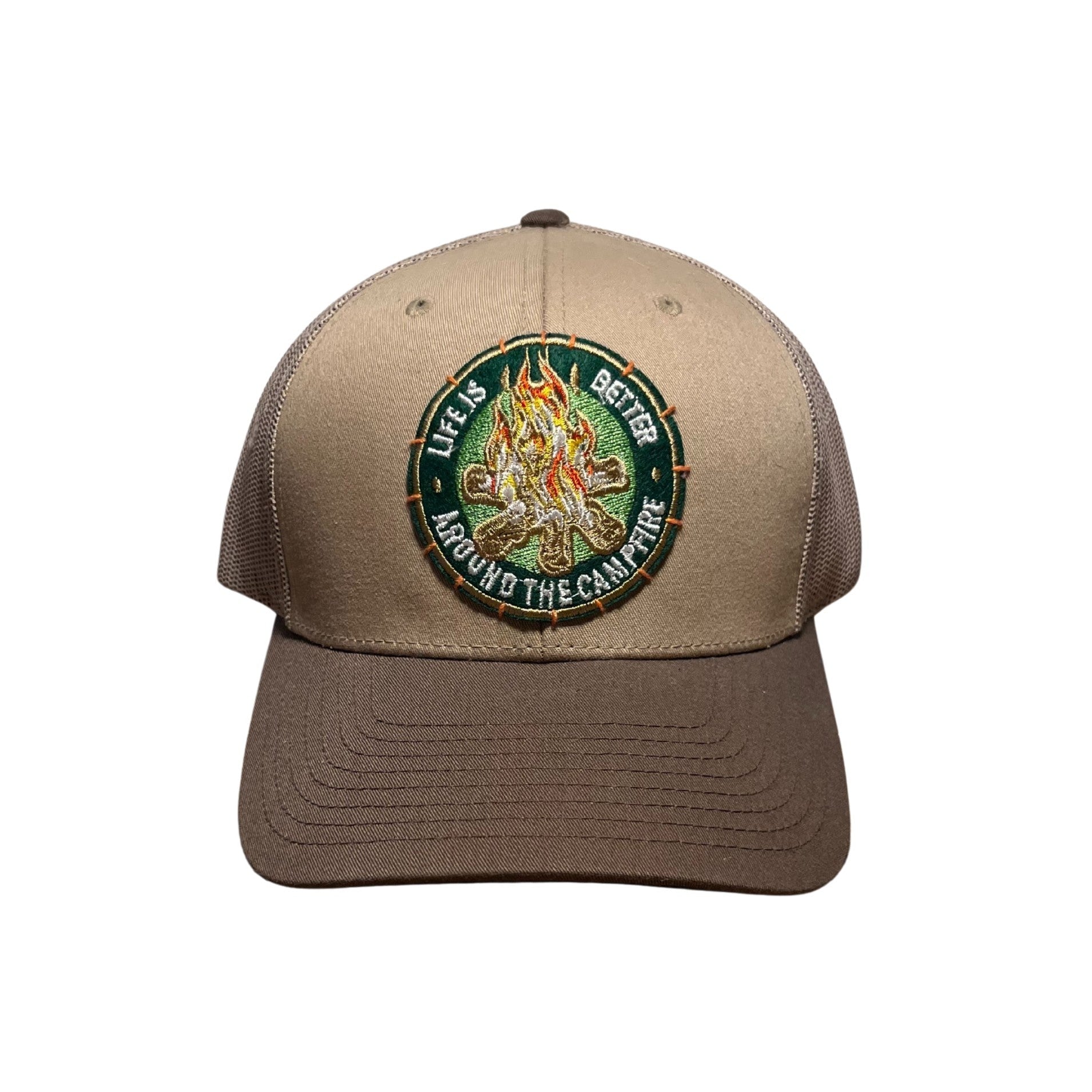 Brown cap with a circular emblem featuring text and graphics on a white background