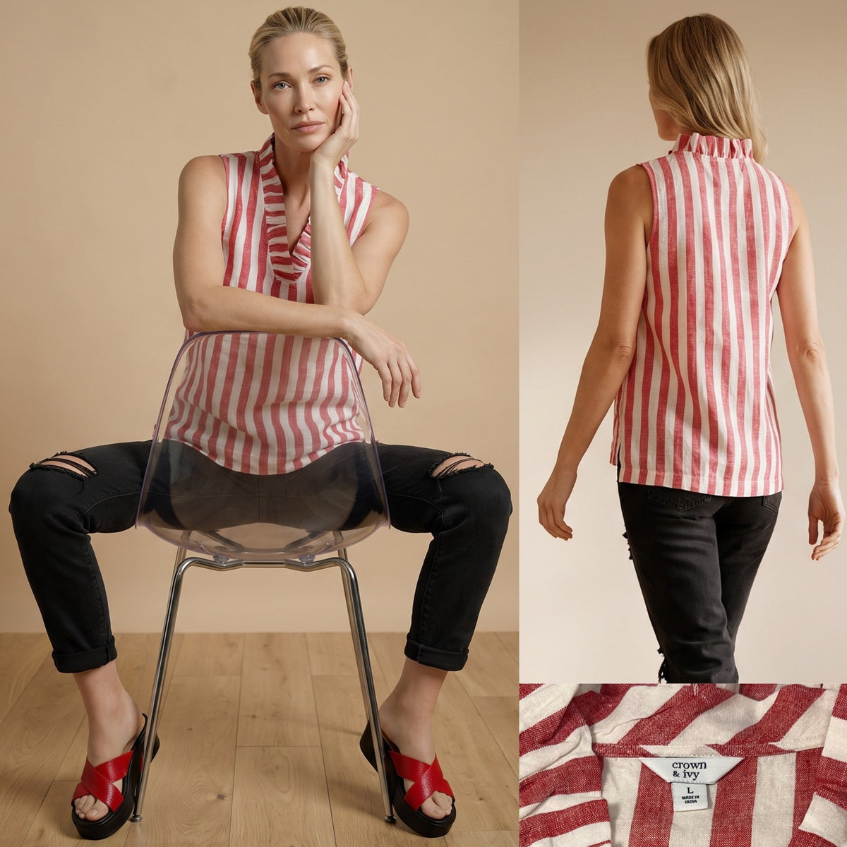Red and White Striped Linen Blouse