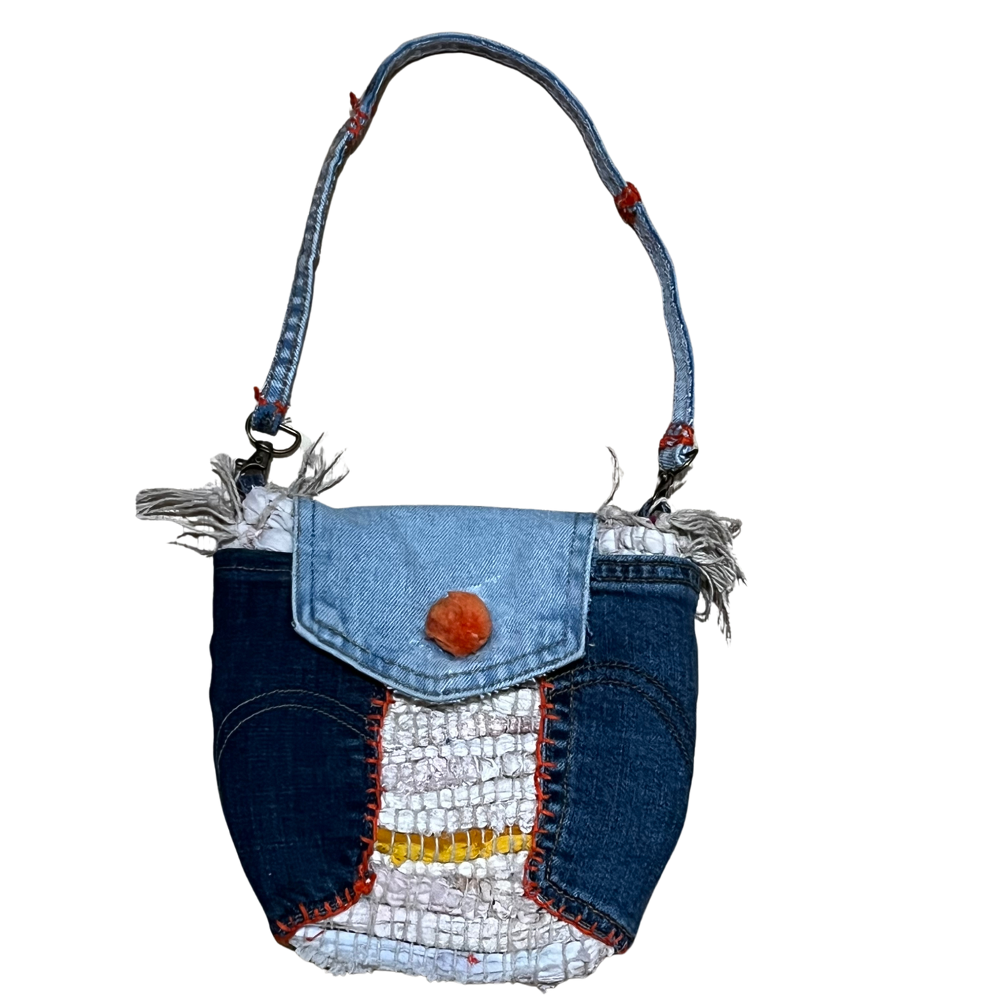 Small Neutral-Colored Rag Rug Bag With Orange Pom-Pom