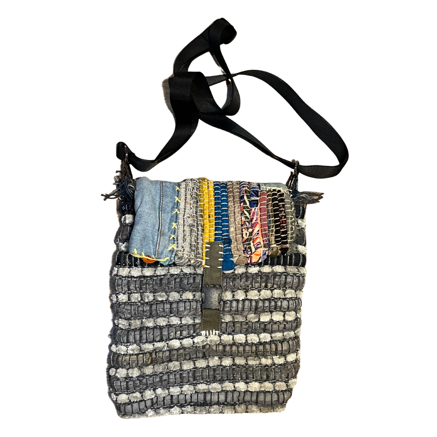 Small Blue Rag Rug Bag, Multicolored Flap