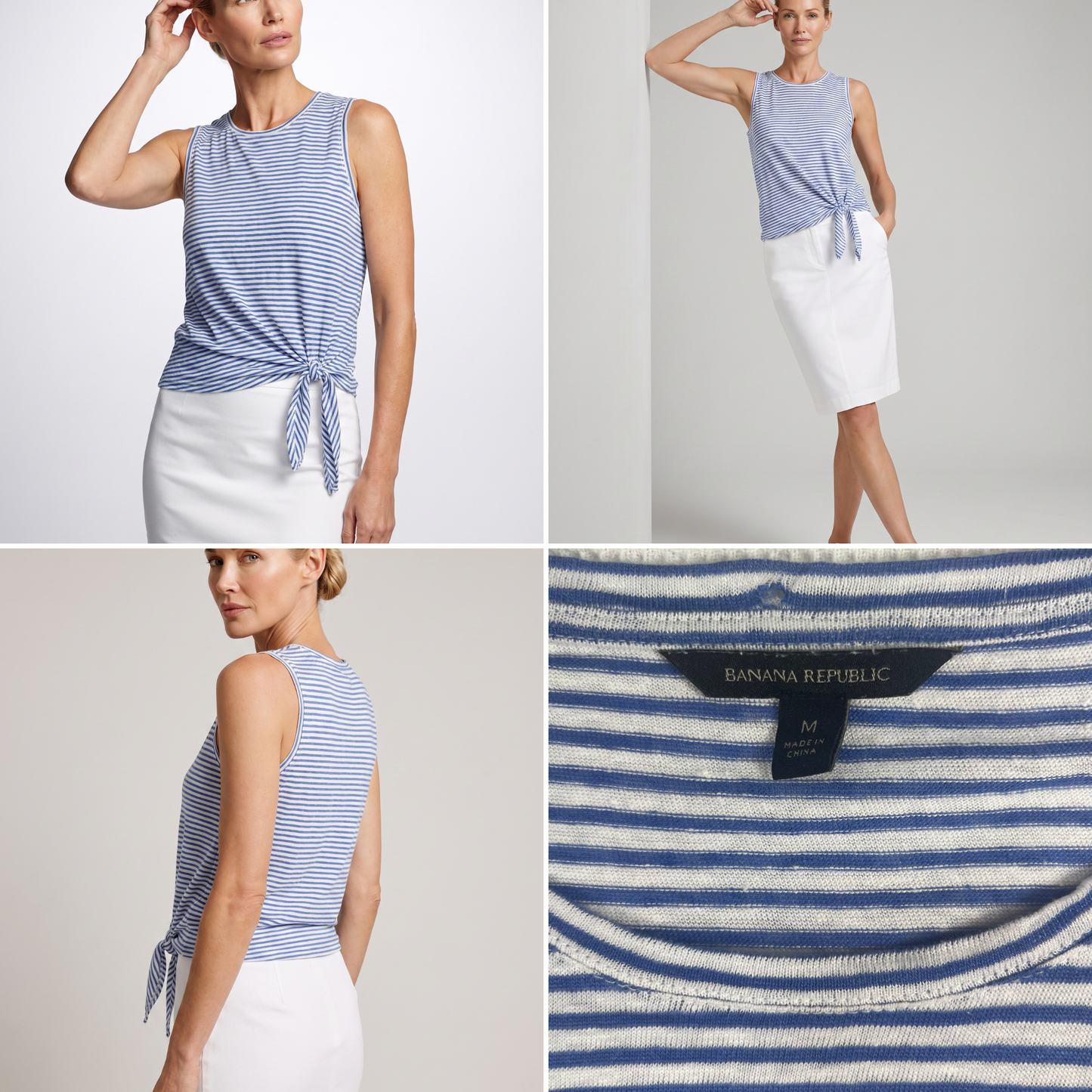 Sleeveless Blue and White Striped Tie Shirt